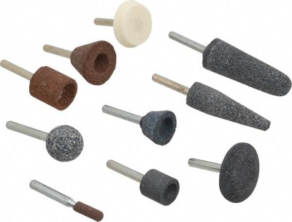 Grier Abrasives - 10 Piece Aluminum Oxide Vitrified Mounted Stone Abrasive Point Set - Includes Shapes A1, A24, A25, A3, A31, A32, A34, A36, A38 & A39 - USA Tool & Supply