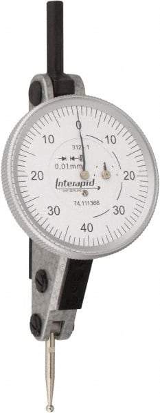 INTERAPID - 1.6 mm Range, 0.01 mm Dial Graduation, Horizontal Dial Test Indicator - 1-1/2 Inch White Dial, 0-40-0 Dial Reading - USA Tool & Supply