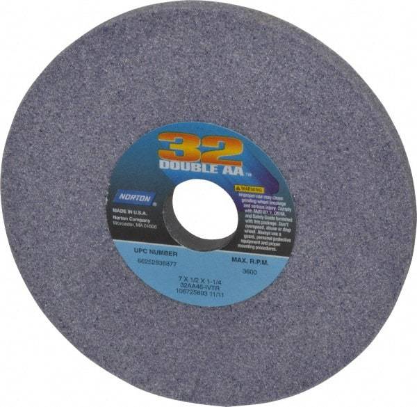 Norton - 7" Diam x 1-1/4" Hole x 1/2" Thick, I Hardness, 46 Grit Surface Grinding Wheel - Aluminum Oxide, Type 1, Coarse Grade, 3,600 Max RPM, Vitrified Bond, No Recess - USA Tool & Supply