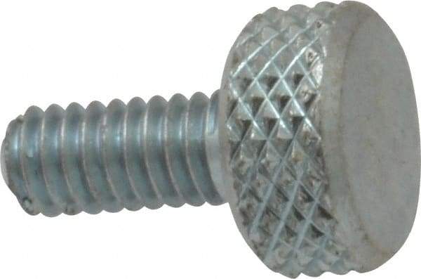 Electro Hardware - #8-32 Knurled Shoulderless Brass Thumb Screw - 9/16" OAL, 3/8" Head Diam x 3/16" Head Height, Zinc-Plated Finish - USA Tool & Supply