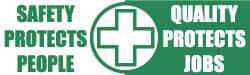 NMC - Safety Protects People - Quality Protects Jobs, 120 Inch Long x 36 Inch High, Safety Banner with Graphic - Graphic Shows Recycling Symbol, Polyethylene, English, Printed on 1 Side - USA Tool & Supply