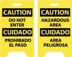 NMC - Caution - Do Not Enter, Caution - Hazardous Area, 12" Wide x 19" High, Plastic Floor Sign - English/Spanish, A-Frame, Black on Yellow, For Security & Admittance - USA Tool & Supply