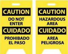 NMC - Caution - Do Not Enter, Caution - Hazardous Area, 12" Wide x 19" High, Plastic Floor Sign - English/Spanish, A-Frame, Black on Yellow, For Security & Admittance - USA Tool & Supply