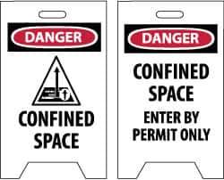 NMC - Danger - Confined Space, Danger - Confined Space - Enter by Permit Only, 12" Wide x 19" High, Plastic Floor Sign - A-Frame, Red & Black on White, For Accident Prevention - USA Tool & Supply