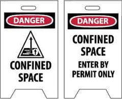 NMC - Danger - Confined Space, Danger - Confined Space - Enter by Permit Only, 12" Wide x 19" High, Plastic Floor Sign - A-Frame, Red & Black on White, For Accident Prevention - USA Tool & Supply