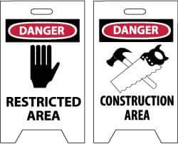 NMC - Danger - Restricted Area, Danger - Construction Area, 12" Wide x 19" High, Plastic Floor Sign - A-Frame, Red & Black on White, For Security & Admittance - USA Tool & Supply