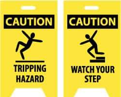 NMC - Caution - Tripping Hazard, Caution - Watch Your Step, 12" Wide x 19" High, Plastic Floor Sign - A-Frame, Black on Yellow, For Accident Prevention - USA Tool & Supply