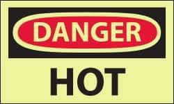 NMC - Hazardous Materials Label, Header: DANGER - Legend: Danger - Hot, English, Red & Black & Yellow, 5" Long x 3" High, Sign Muscle Finish - USA Tool & Supply