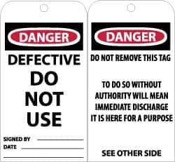 NMC - 3" High x 6" Long, DANGER - DEFECTIVE - DO NOT USE, English Safety & Facility Accident Prevention Tag - Tag Header: Danger, 2 Sides, Black, Red & White Unrippable Vinyl - USA Tool & Supply