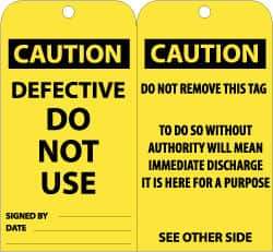 NMC - 3" High x 6" Long, CAUTION - DEFECTIVE - DO NOT USE, English Safety & Facility Accident Prevention Tag - Tag Header: CAUTION, 2 Sides, Black & Yellow Unrippable Vinyl - USA Tool & Supply