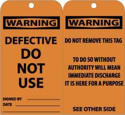 NMC - 3" High x 6" Long, WARNING - DEFECTIVE-DO NOT USE, English Safety & Facility Accident Prevention Tag - Tag Header: Warning, 2 Sides, Black & Orange Unrippable Vinyl - USA Tool & Supply