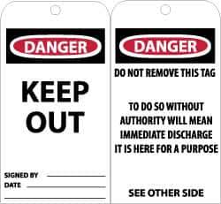 NMC - 3" High x 6" Long, DANGER - KEEP OUT, English Safety & Facility Accident Prevention Tag - Tag Header: Danger, 2 Sides, Black, Red & White Unrippable Vinyl - USA Tool & Supply