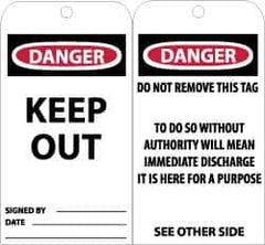 NMC - 3" High x 6" Long, DANGER - KEEP OUT, English Safety & Facility Accident Prevention Tag - Tag Header: Danger, 2 Sides, Black, Red & White Unrippable Vinyl - USA Tool & Supply