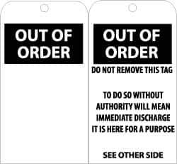 NMC - 3" High x 6" Long, OUT OF ORDER, English Safety & Facility Accident Prevention Tag - Tag Header: Danger, 2 Sides, Black & White Unrippable Vinyl - USA Tool & Supply