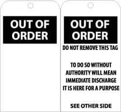 NMC - 3" High x 6" Long, OUT OF ORDER, English Safety & Facility Accident Prevention Tag - Tag Header: Danger, 2 Sides, Black & White Unrippable Vinyl - USA Tool & Supply