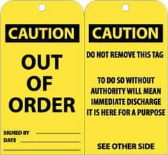 NMC - 3" High x 6" Long, CAUTION - OUT OF ORDER, English Safety & Facility Accident Prevention Tag - Tag Header: CAUTION, 2 Sides, Black & Yellow Unrippable Vinyl - USA Tool & Supply