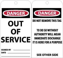 NMC - 3" High x 6" Long, Danger - Out of Service, English Safety & Facility Accident Prevention Tag - Tag Header: Danger, 2 Sides, Black, Red & White Unrippable Vinyl - USA Tool & Supply