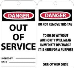 NMC - 3" High x 6" Long, Danger - Out of Service, English Safety & Facility Accident Prevention Tag - Tag Header: Danger, 2 Sides, Black, Red & White Unrippable Vinyl - USA Tool & Supply