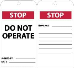 NMC - 3" High x 6" Long, STOP - DO NOT OPERATE, English Safety & Facility Accident Prevention Tag - Tag Header: Danger, 2 Sides, Black, Red & White Unrippable Vinyl - USA Tool & Supply