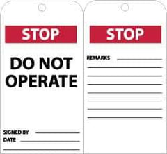 NMC - 3" High x 6" Long, STOP - DO NOT OPERATE, English Safety & Facility Accident Prevention Tag - Tag Header: Danger, 2 Sides, Black, Red & White Unrippable Vinyl - USA Tool & Supply