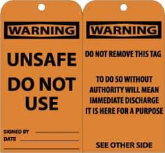 NMC - 3" High x 6" Long, WARNING - UNSAFE DO NOT USE, English Safety & Facility Accident Prevention Tag - Tag Header: Warning, 2 Sides, Black & Orange Unrippable Vinyl - USA Tool & Supply