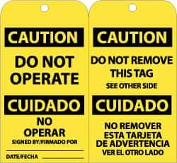 NMC - 3" High x 6" Long, CAUTION - DO NOT OPERATE, English & Spanish Safety & Facility Accident Prevention Tag - Tag Header: CAUTION, 2 Sides, Black & Yellow Unrippable Vinyl - USA Tool & Supply