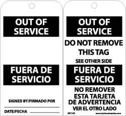 NMC - 3" High x 6" Long, OUT OF SERVICE, English & Spanish Safety & Facility Accident Prevention Tag - Tag Header: Notice, 2 Sides, Black & White Unrippable Vinyl - USA Tool & Supply