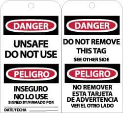 NMC - 3" High x 6" Long, DANGER - UNSAFE DO NOT USE, English & Spanish Safety & Facility Accident Prevention Tag - Tag Header: Danger, 2 Sides, Black, Red & White Unrippable Vinyl - USA Tool & Supply