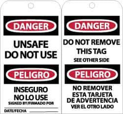 NMC - 3" High x 6" Long, DANGER - UNSAFE DO NOT USE, English & Spanish Safety & Facility Accident Prevention Tag - Tag Header: Danger, 2 Sides, Black, Red & White Unrippable Vinyl - USA Tool & Supply