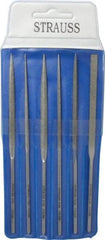 Strauss - 6 Piece Diamond Pattern File Set - 5-1/2" Long, Fine Coarseness, Round Handle, Set Includes Crossing, Equalling, Half Round, Round, Square, Three Square - USA Tool & Supply