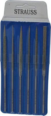 Strauss - 6 Piece Diamond Pattern File Set - 5-1/2" Long, Medium Coarseness, Round Handle, Set Includes Crossing, Equalling, Half Round, Round, Square, Three Square - USA Tool & Supply