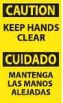 NMC - Accident Prevention Label, Header: CAUTION - Legend: Caution - Keep Hands Clear, English & Spanish, Black & Yellow, 3" Long x 5" High, Sign Muscle Finish - USA Tool & Supply