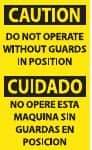NMC - Accident Prevention Label, Header: CAUTION - Legend: Caution - Do Not Operate without Guards in Position, English & Spanish, Black & Yellow, 3" Long x 5" High, Sign Muscle Finish - USA Tool & Supply