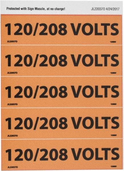 NMC - Electrical Markers Label - Legend: 120/208 Volts, English, Black & Orange, 4-1/2" Long x 1-1/8" High, Sign Muscle Finish - USA Tool & Supply