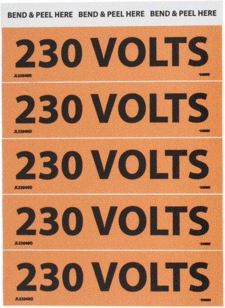 NMC - Electrical Markers Label - Legend: 230 Volts, English, Black & Orange, 4-1/2" Long x 1-1/8" High, Sign Muscle Finish - USA Tool & Supply