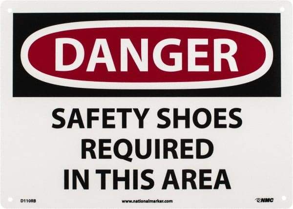 NMC - "Danger - Safety Shoes Required in This Area", 10" Long x 14" Wide, Rigid Plastic Safety Sign - Rectangle, 0.05" Thick, Use for Accident Prevention - USA Tool & Supply