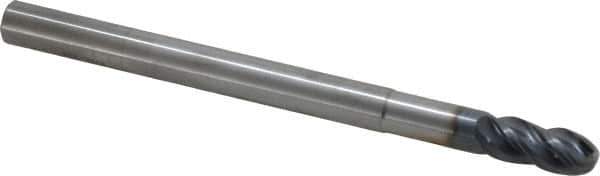 SGS - 7/16" Diam, 1" LOC, 4 Flute Solid Carbide Ball End Mill - AlTiN Finish, Single End, 6" OAL, 7/16" Shank Diam, Spiral Flute - USA Tool & Supply