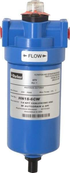 Parker - 1/4" Port, 8.8" High x 3.11" Wide, FRL Filter with Aluminum Bowl & Manual Drain - 15 SCFM, 250 Max psi, 175°F Max - USA Tool & Supply