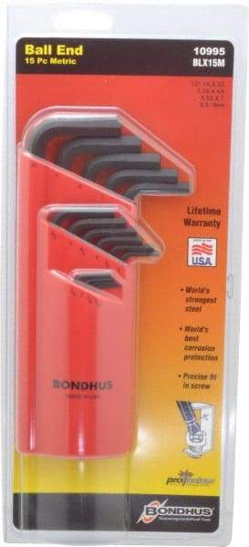 Bondhus - 15 Piece L-Key Ball End Hex Key Set - Hex Range 1.27 to 10mm - USA Tool & Supply