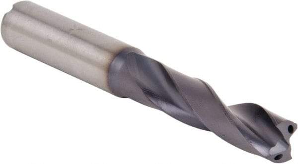 Kennametal - 31/64" 140° Spiral Flute Solid Carbide Screw Machine Drill Bit - Multilayer TiAlN Finish, Right Hand Cut, 2.3622" Flute Length, 4.2126" OAL, Standard Point, Straight Shank, Through Coolant - USA Tool & Supply
