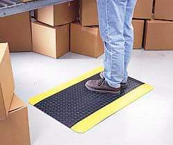 Wearwell - 3' Long x 2' Wide, Dry Environment, Anti-Fatigue Matting - Black with Yellow Borders, Vinyl with Vinyl Sponge Base, Beveled on 4 Sides - USA Tool & Supply