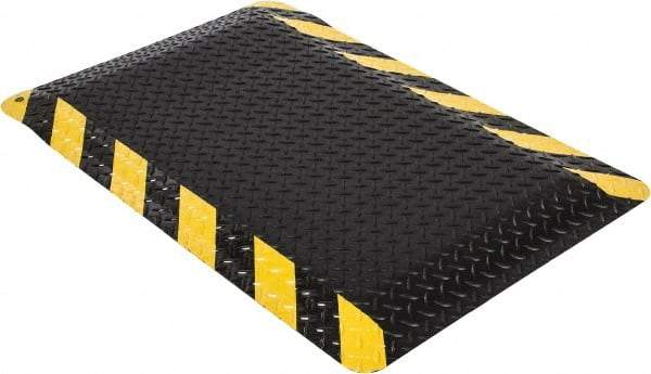 Wearwell - 3' Long x 2' Wide, Dry Environment, Anti-Fatigue Matting - Black with Yellow Chevron Borders, Vinyl with Nitrile Blend Base, Beveled on 4 Sides - USA Tool & Supply
