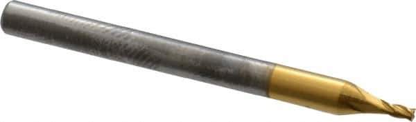 Atrax - 3/64", 9/64" LOC, 1/8" Shank Diam, 1-1/2" OAL, 4 Flute, Solid Carbide Square End Mill - Single End, TiN Finish, Spiral Flute, 30° Helix, Centercutting, Right Hand Cut, Right Hand Flute - USA Tool & Supply