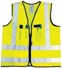 OccuNomix - Size M High Visibility Yellow Solid Surveyor's Vest - 36 to 38" Chest, ANSI 107-2015, Zipper Closure, 12 Pockets, Polyester - USA Tool & Supply