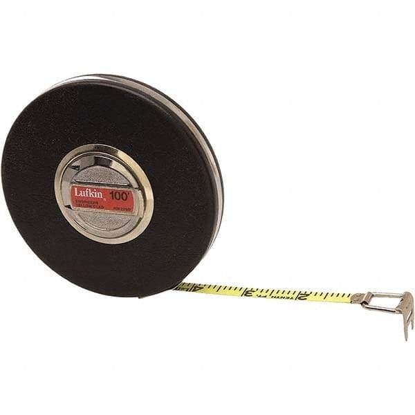 Lufkin - 100' x 3/8" Yellow Steel Blade Tape Measure - 1/10" Graduation, Black Steel Case - USA Tool & Supply