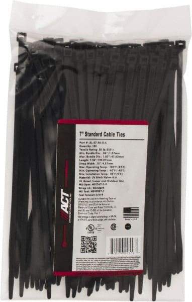 Made in USA - 7.562" Long Black Nylon Standard Cable Tie - 50 Lb Tensile Strength, 1.32mm Thick, 47.63mm Max Bundle Diam - USA Tool & Supply