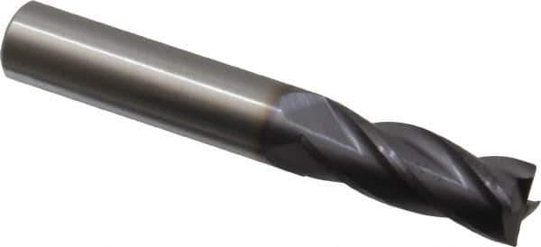 Made in USA - 3/8", 1" LOC, 3/8" Shank Diam, 2-1/2" OAL, 4 Flute, Solid Carbide Square End Mill - Single End, TiAlN Finish, Spiral Flute, 30° Helix, Centercutting, Right Hand Cut, Right Hand Flute - USA Tool & Supply
