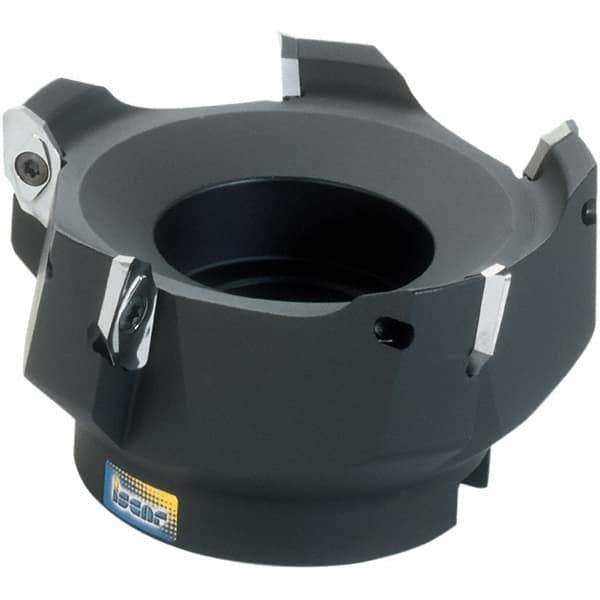 Iscar - 4 Inserts, 4" Cut Diam, 1-1/2" Arbor Diam, 0.622" Max Depth of Cut, Indexable Square-Shoulder Face Mill - 0/90° Lead Angle, 2-1/4" High, HM90 APCR 1605 Insert Compatibility, Through Coolant, Series Helialu - USA Tool & Supply