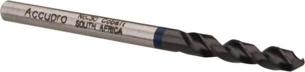Accupro - #30 120° Spiral Flute Cobalt Screw Machine Drill Bit - TiAlN Finish, Right Hand Cut, 18mm Flute Length, 49mm OAL, Split Point, Straight Shank - USA Tool & Supply