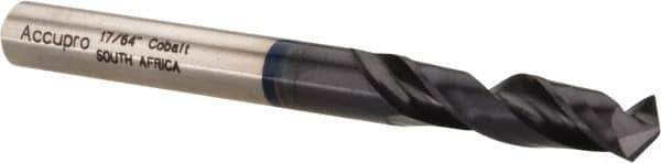 Accupro - 17/64" 120° Spiral Flute Cobalt Screw Machine Drill Bit - TiAlN Finish, Right Hand Cut, 34mm Flute Length, 74mm OAL, Faceted Point, Straight Shank - USA Tool & Supply